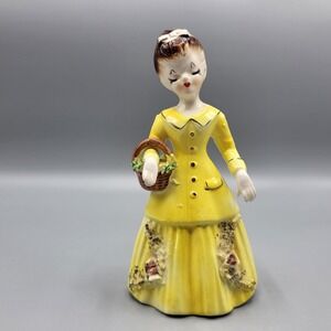 Vintage Relco Japan Yellow Ceramic Lady Figurine With Basket Floral Details